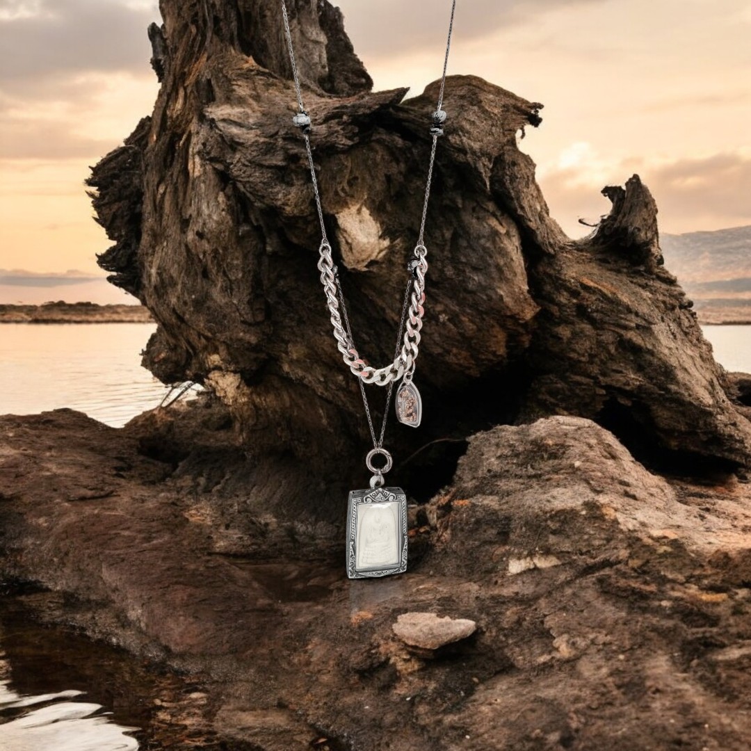 Genderless Long Modern Necklace with Somdej Phim Phiset Amulet and Small Ganesha Amulet-Photoroom