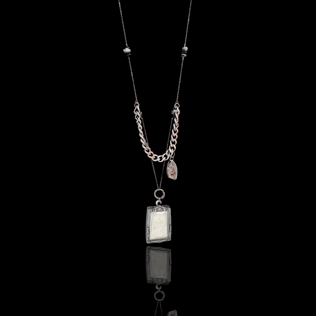 Genderless Long Modern Necklace with Somdej Phim Phiset Amulet and Small Ganesha Amulet