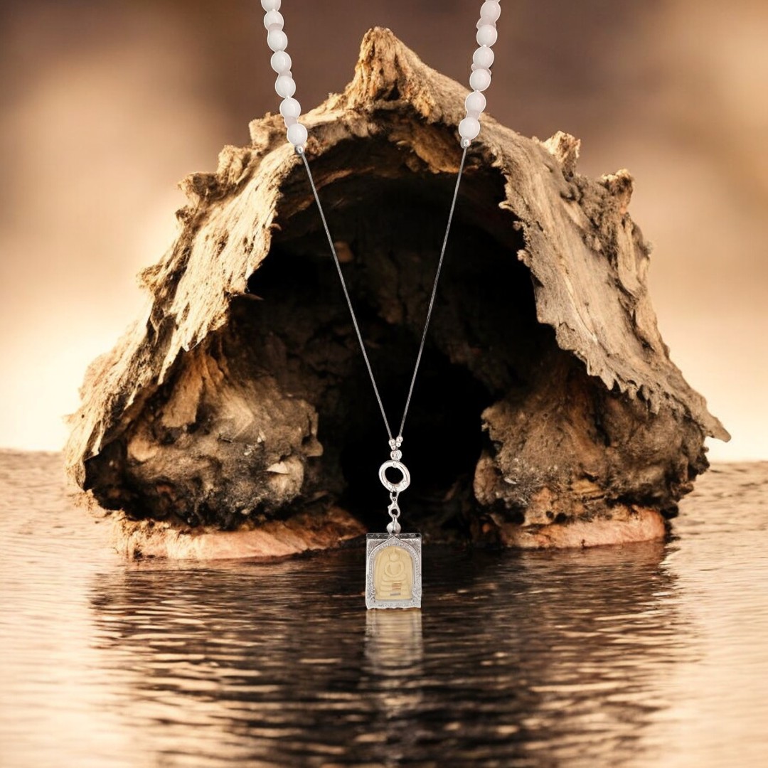 Genderless Long Necklace with Somdej Khun Phaen Amulet, Silver Accents and White Jade-Photoroom