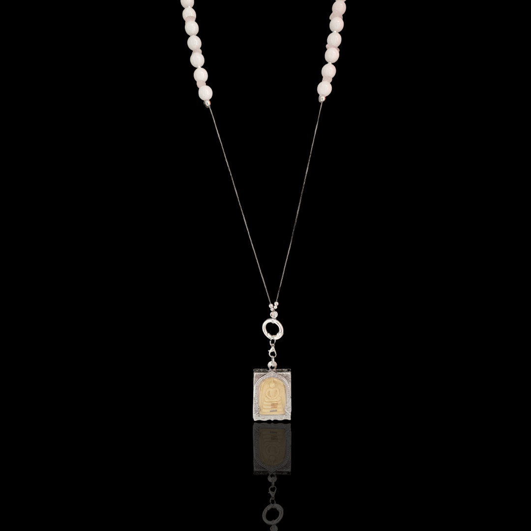 Genderless Long Necklace with Somdej Khun Phaen Amulet, Silver Accents and White Jade