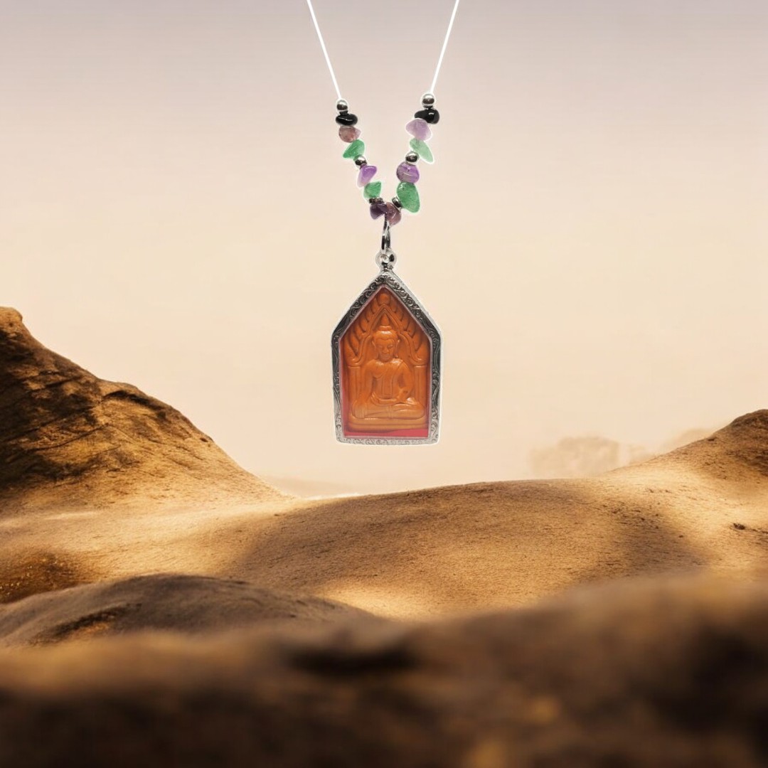 Modern Necklace with Phra Phut Chinnarat Amulet, Amethyst, Aventurine, Black Spar and Silver Accents (2)-Photoroom