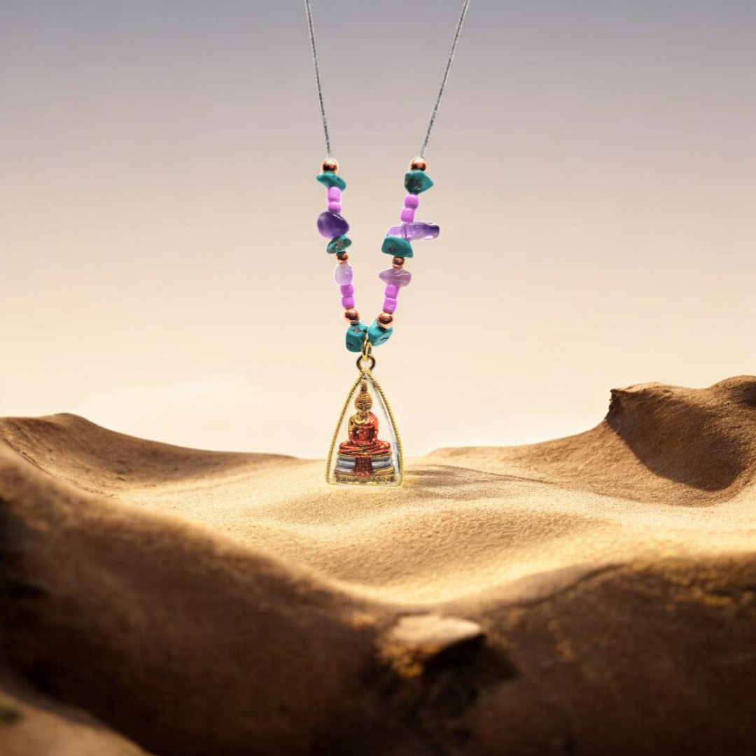 Modern Necklace with Phra Phuttha Sothorn Amulet, Amethyst, Turquoise, Rose Gold Accents (2)-Photoroom