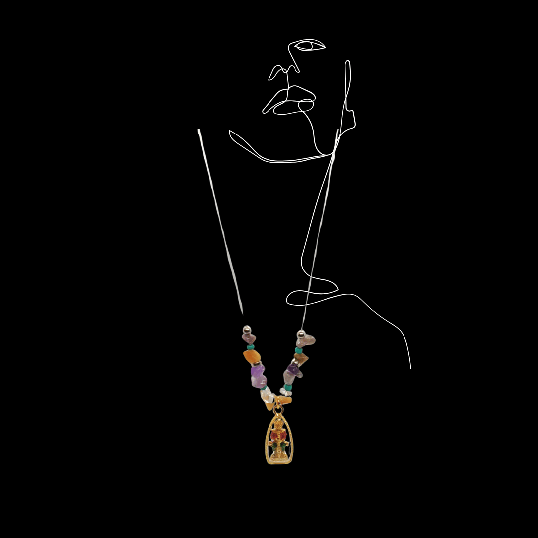 Thao Wessuwan in Red Shirt, Green Pant, Golden Frame with Amethyst, Yellow Agate, Rose Crystal, Turquoise Gemstone (1)