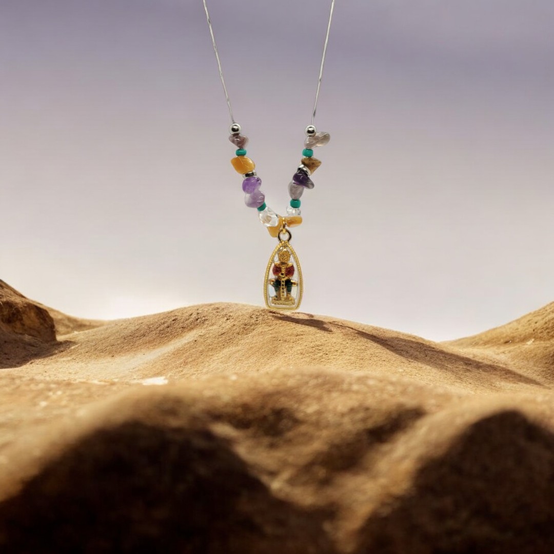 Thao Wessuwan in Red Shirt, Green Pant, Golden Frame with Amethyst, Yellow Agate, Rose Crystal, Turquoise Gemstone (2)-Photoroom