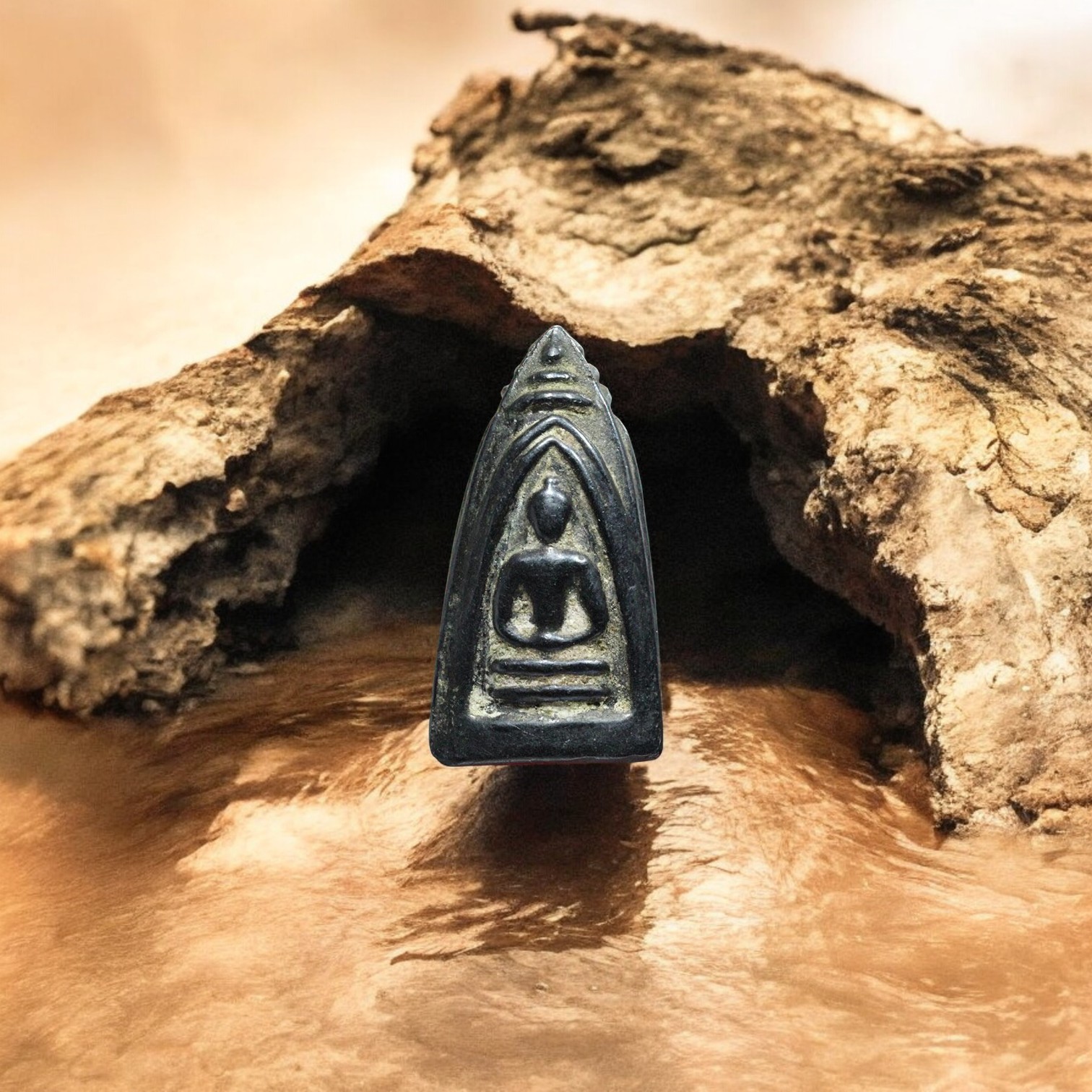 Three-faced Brahma, Luang Pho Ee, Sattahip Temple, Chonburi Province, made of cloud-patterned metal, year 1928 1-Photoroom